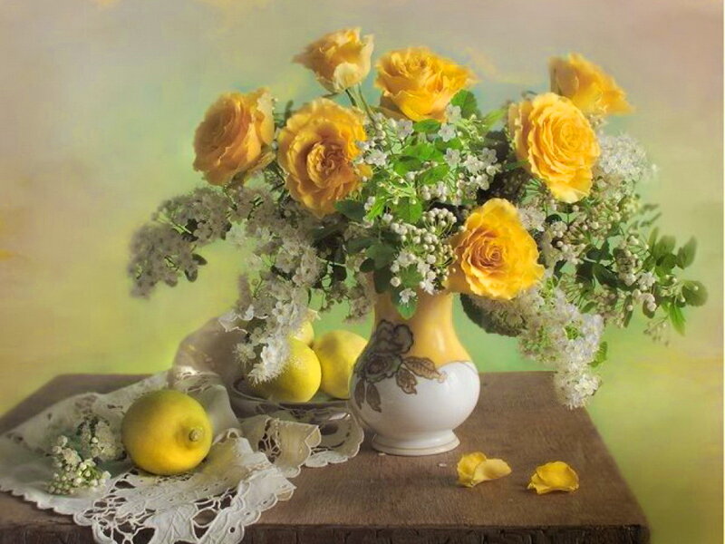Yellow Roses in Vase — Serene, Painting