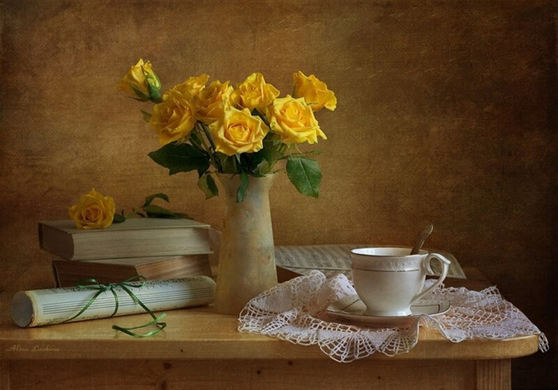 Yellow Roses in Vase — Serene, Photograph, Books, Cup