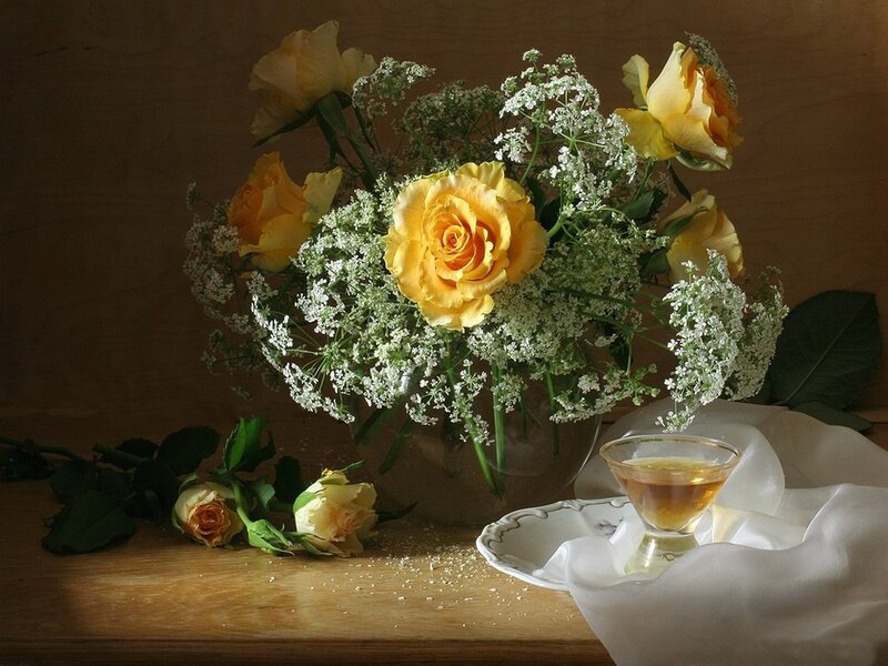 Yellow Roses in Vase — Serene, Photograph, Flowers, Tea Cup