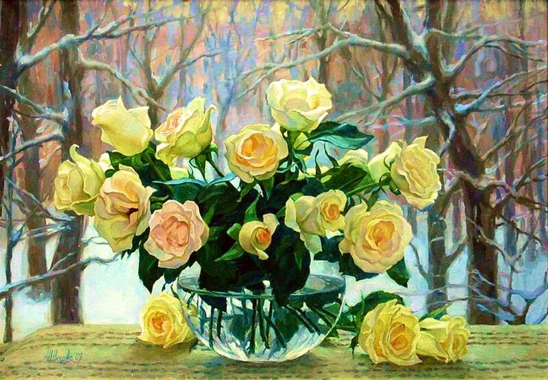 Yellow Roses in Vase — Serene, Winter