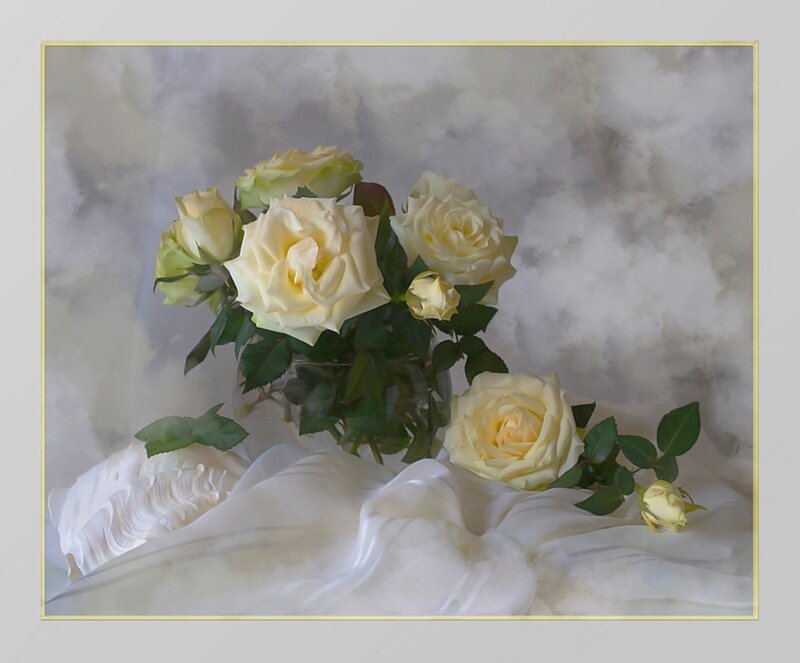 Yellow Roses in Vase — White, Serene, Photograph, Fabric