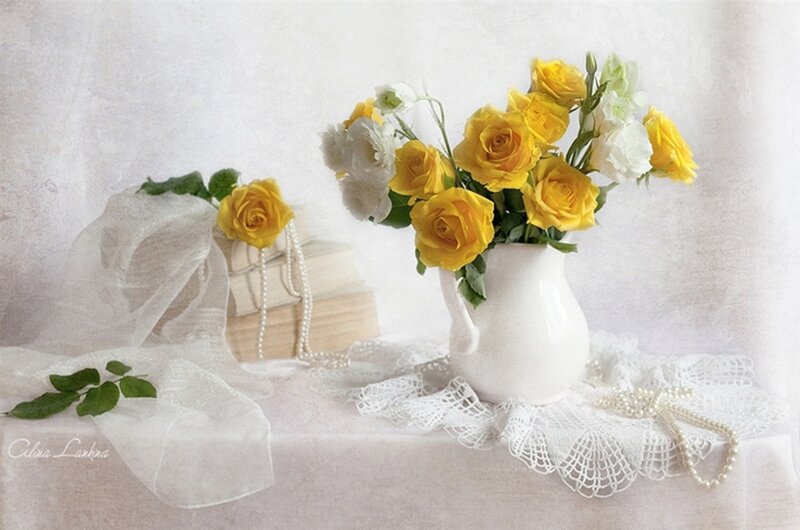 Yellow Roses in Vase — White, Serene, Photograph, Pearls