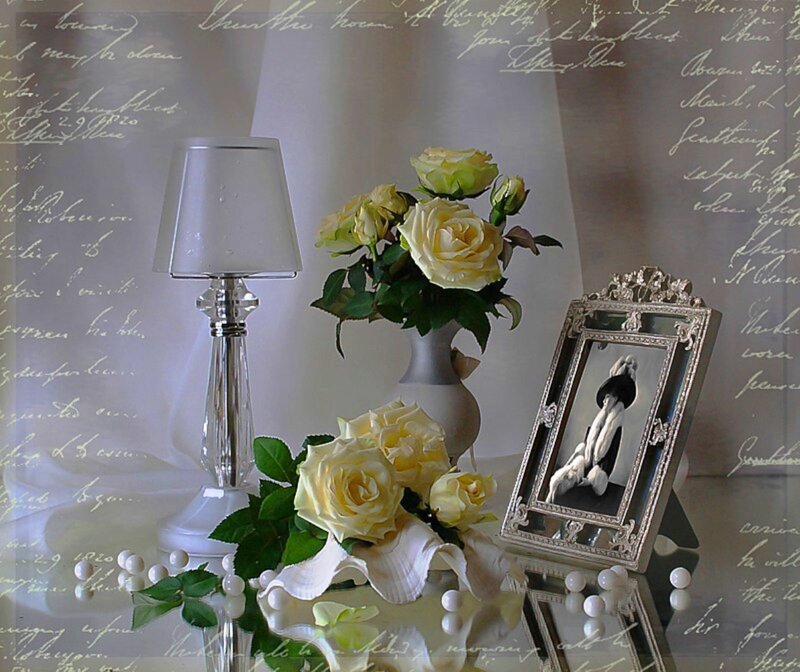 Yellow Roses in Vase — White, Serene