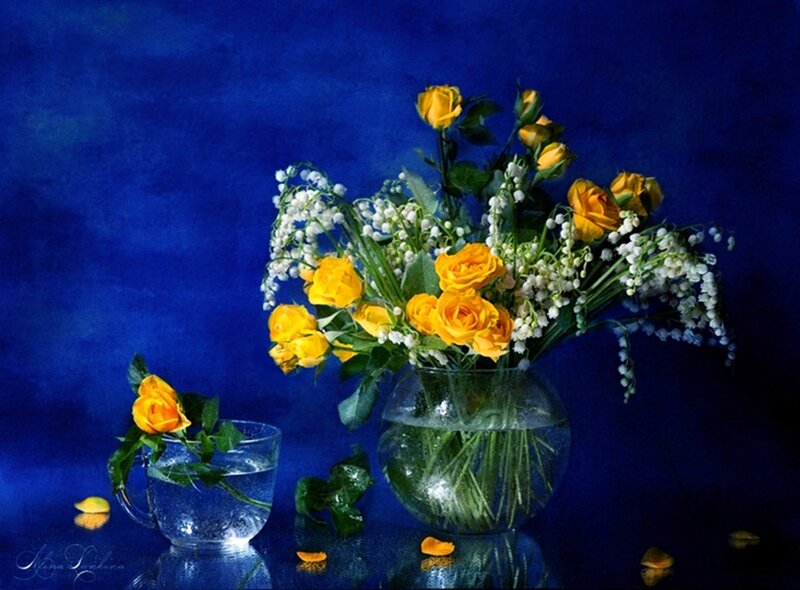 Yellow Roses in Vases — Blue