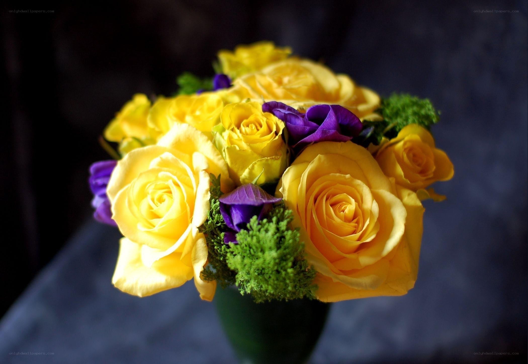Yellow roses with purple flowers