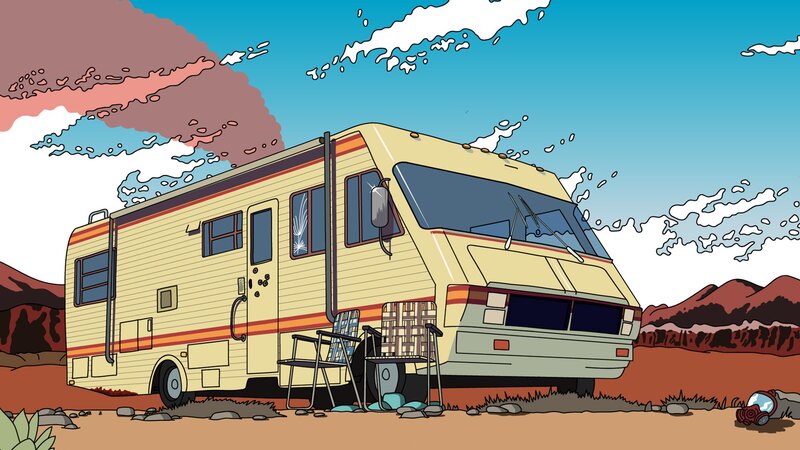 Yellow RV in Desert — Blue