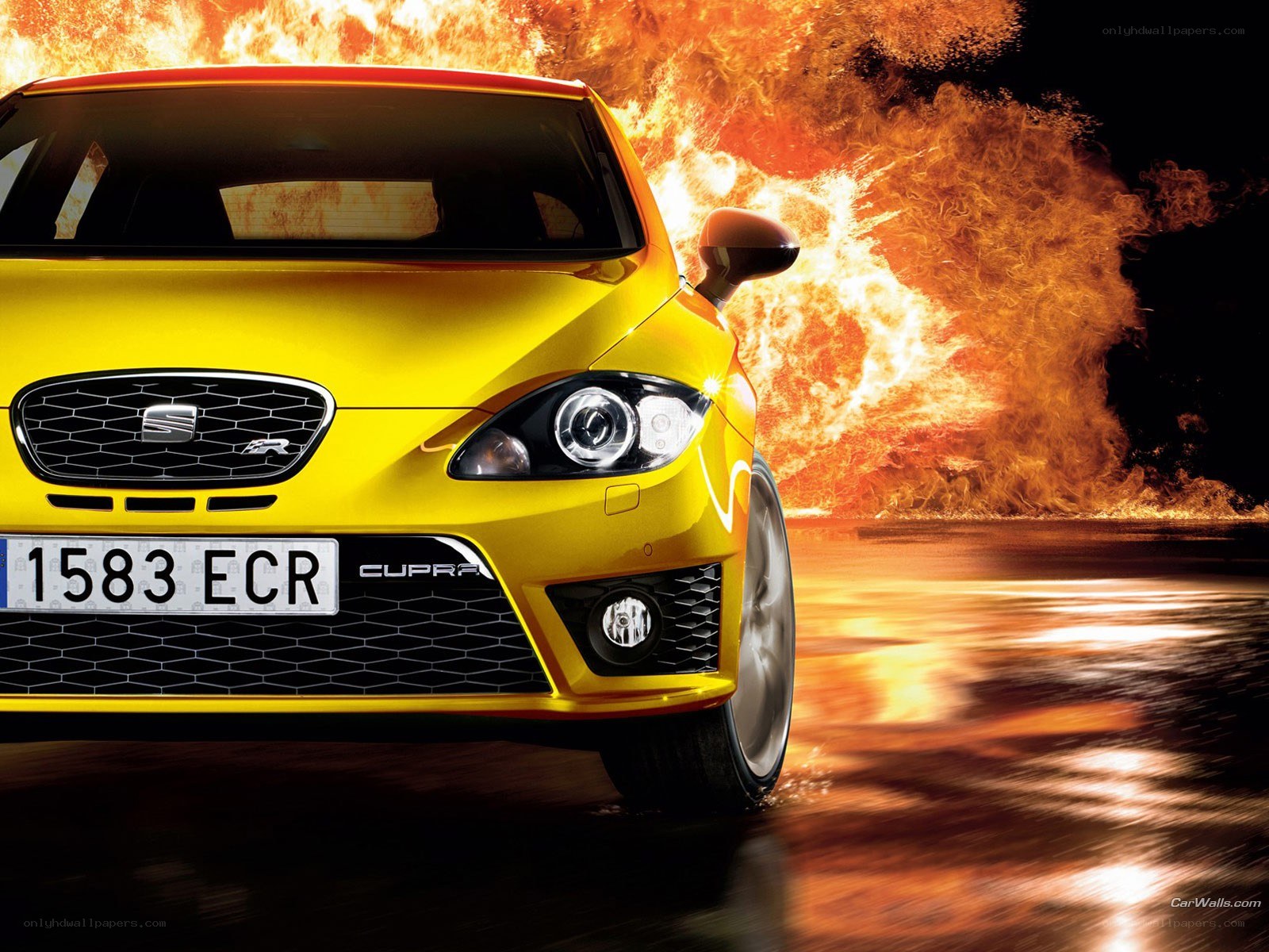 Yellow SEAT Cupra in flames