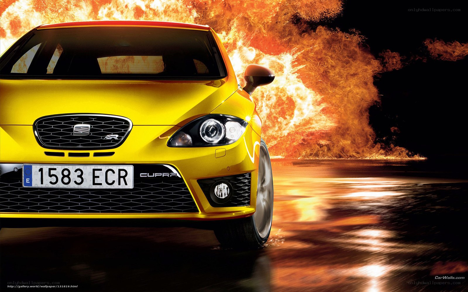Yellow SEAT Cupra in flames
