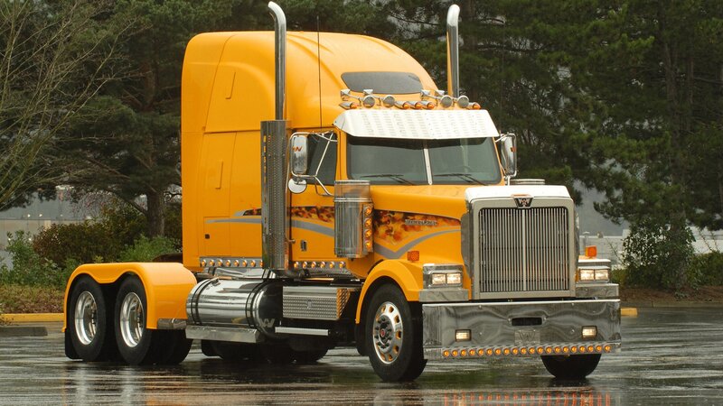 Yellow Semi-truck — Dramatic, Photograph, Trees