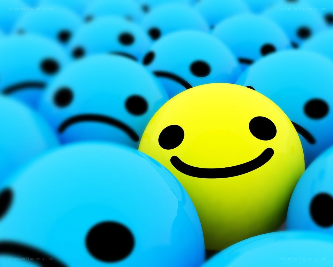 yellow smiley among blue frowns