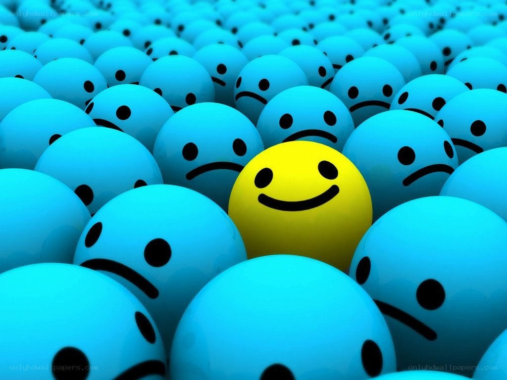 yellow smiley in blue crowd