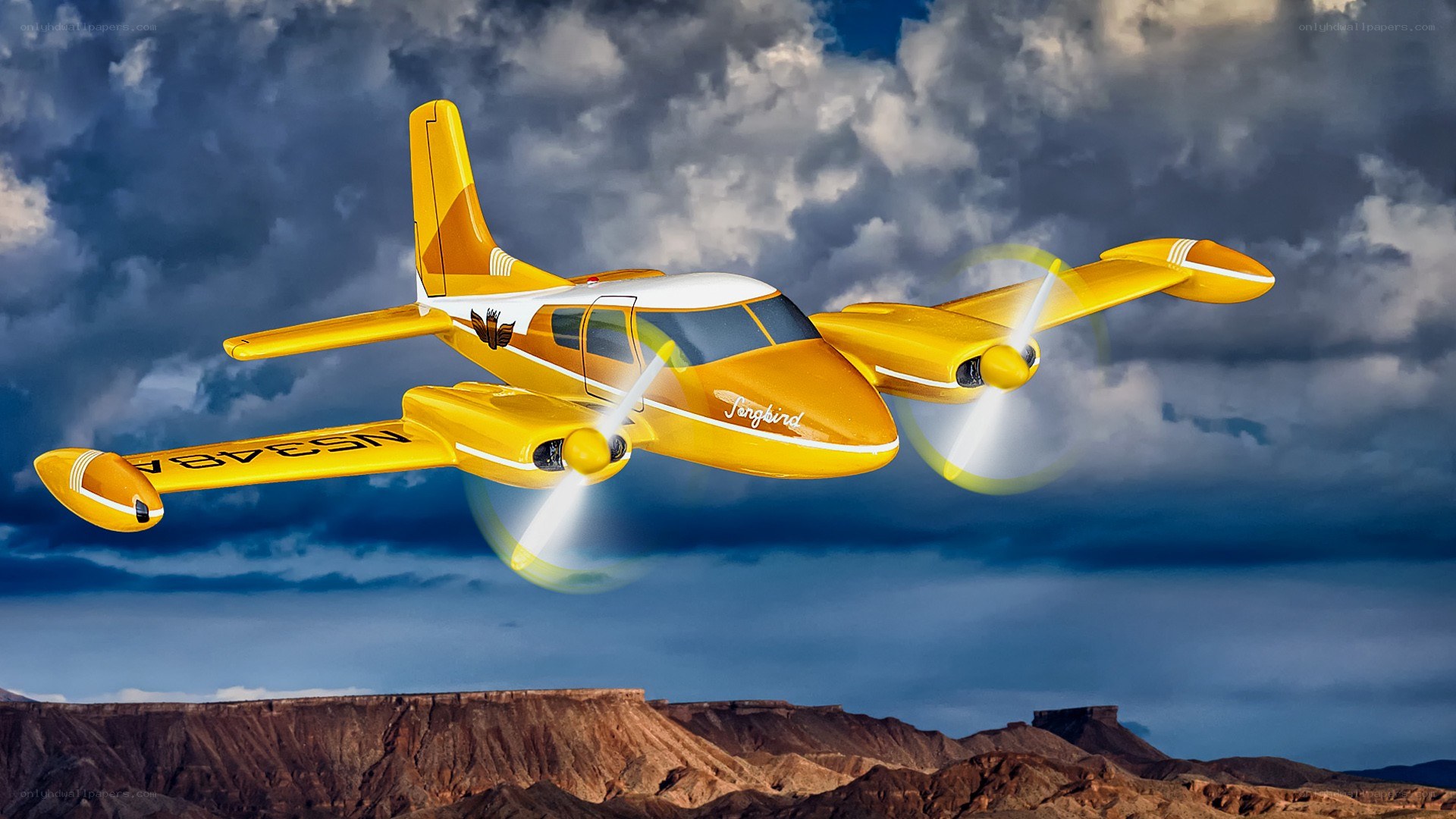 Yellow Songbird airplane in flight