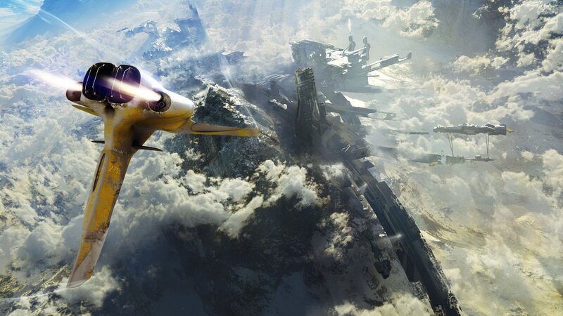 Yellow Spaceship in Clouds