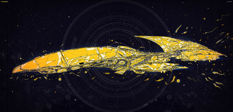 Yellow spaceship in space