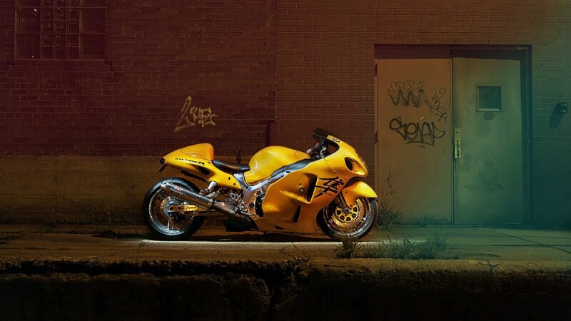 Yellow Sport Motorcycle — Dramatic, Night, Photograph, Brick Wall