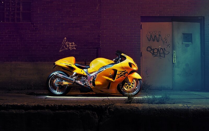 Yellow Sport Motorcycle — Dramatic, Night