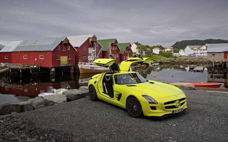Yellow sports car at a harbor