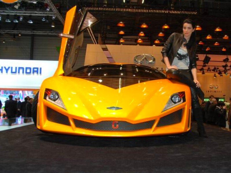 Yellow sports car at auto show