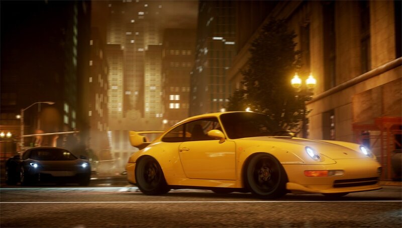 Yellow sports car at night