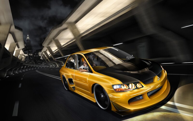 Yellow sports car at night