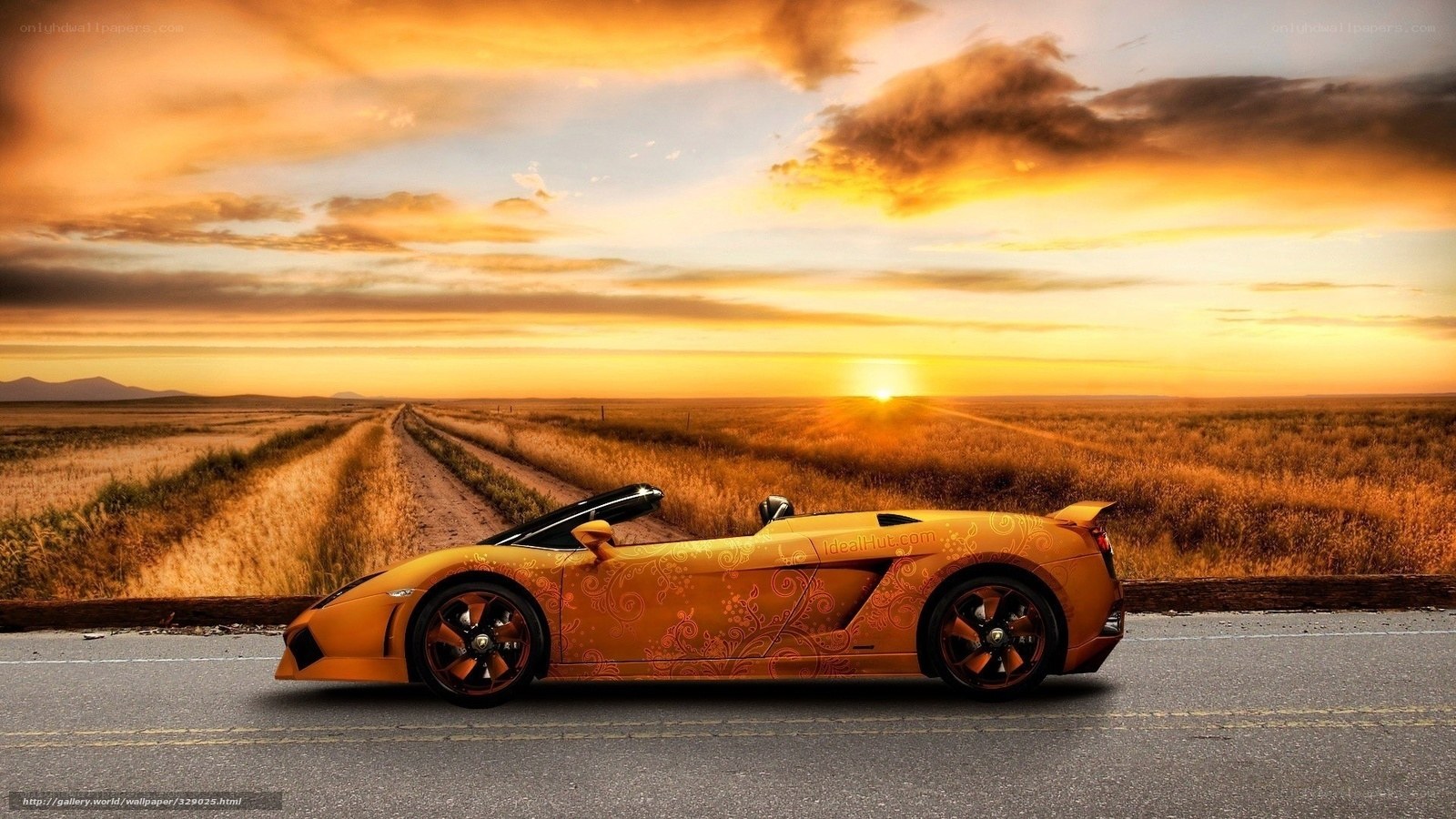 Yellow sports car at sunset