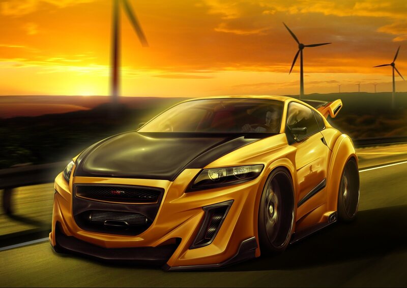 Yellow sports car at sunset