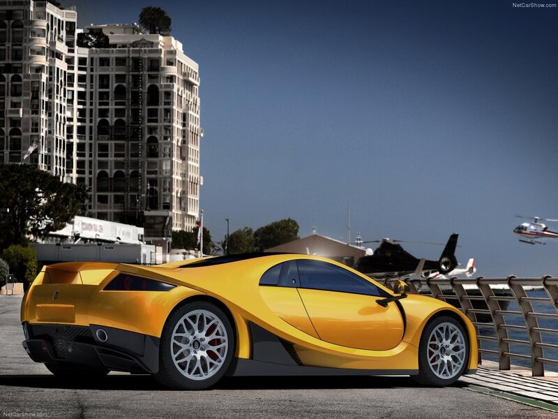 Yellow sports car by the waterfront