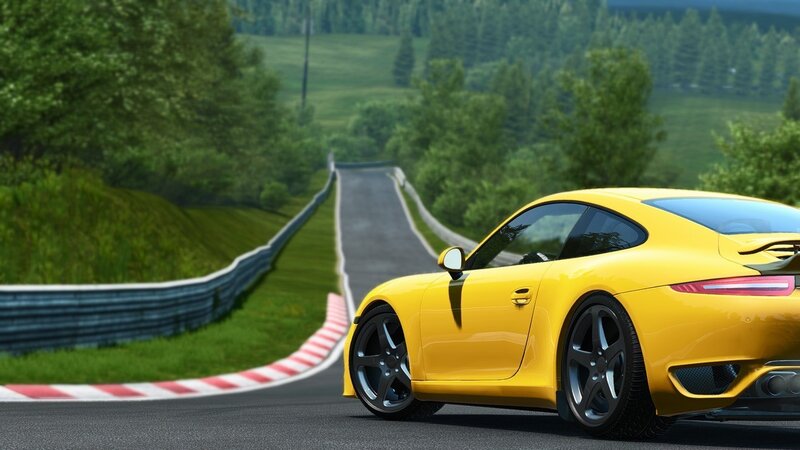 Yellow Sports Car — Calm, Afternoon, 3d Render, Road, Trees, Guardrail