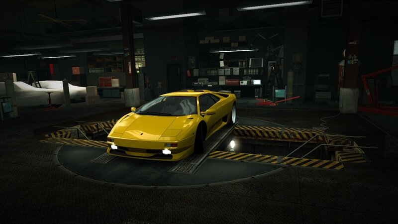 Yellow Sports Car — Dark, Night, 3d Render, Garage, Car Lift, Workbench, Black
