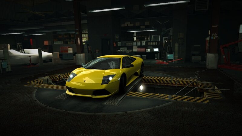 Yellow Sports Car — Dark, Night, 3d Render, Garage, Car Lift, Workshop, Black, Gray, Exit