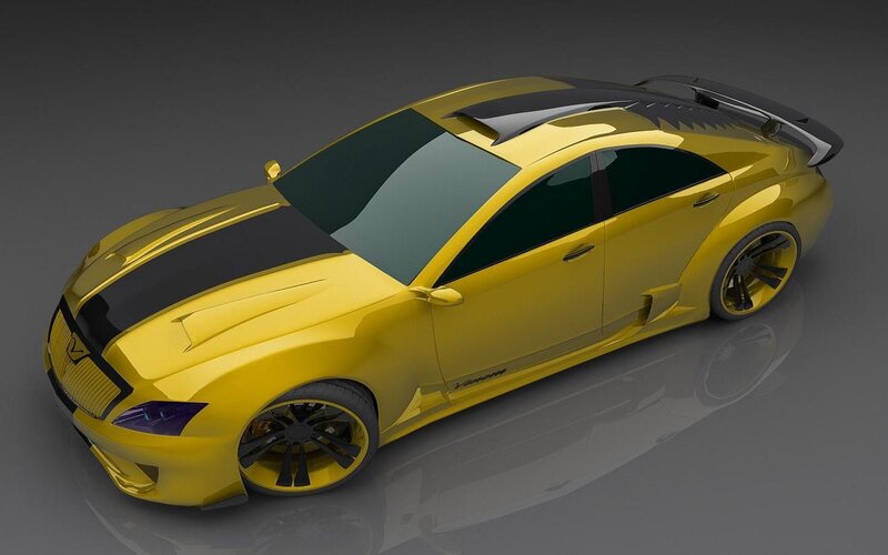 Yellow Sports Car — Dramatic, 3d Render, Black Stripes, Rear Wing