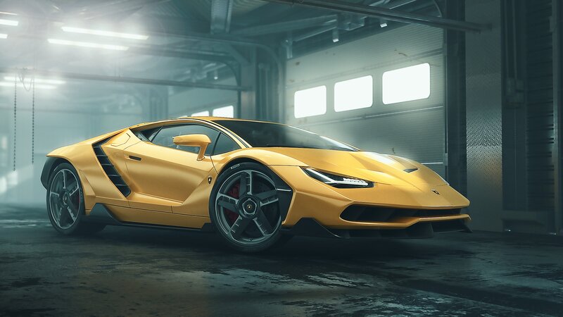 Yellow Sports Car — Dramatic, 3d Render, Garage, Lights