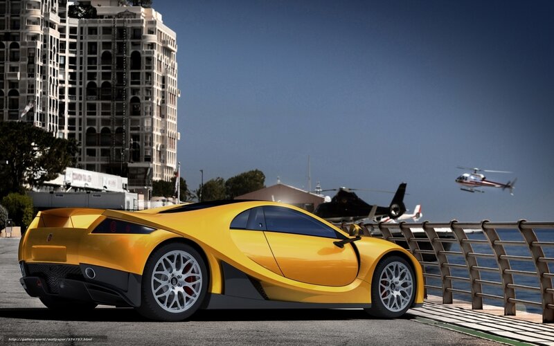 Yellow Sports Car — Dramatic, Afternoon, 3d Render, Helicopter, Building