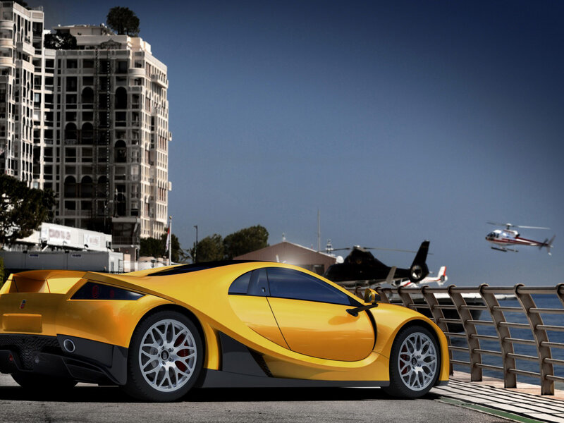 Yellow Sports Car — Dramatic, Afternoon, 3d Render, Helicopter