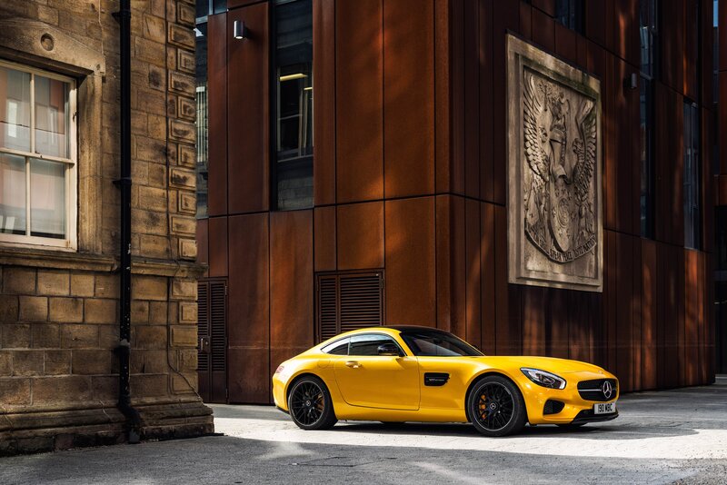 Yellow Sports Car — Dramatic, Afternoon, Photograph, Building, Stone Wall