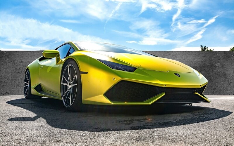 Yellow Sports Car — Dramatic, Afternoon, Photograph, Concrete Wall, Sky
