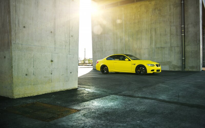 Yellow Sports Car — Dramatic, Afternoon, Photograph, Concrete Walls