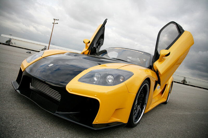 Yellow Sports Car — Dramatic, Afternoon, Photograph, Open Doors, Asphalt