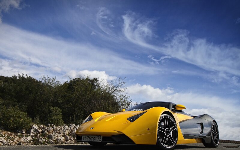 Yellow Sports Car — Dramatic, Afternoon, Photograph, Road, Sky, Trees