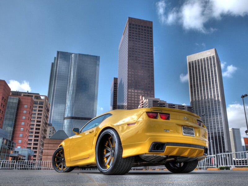 Yellow Sports Car — Dramatic, Afternoon, Photograph, Skyscrapers