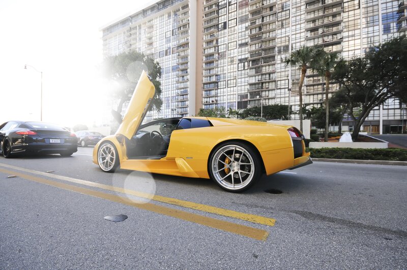 Yellow Sports Car — Dramatic, Morning, Photograph, Building, Palm Tree
