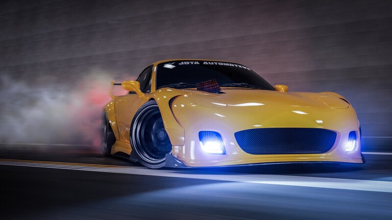 Yellow Sports Car — Dramatic, Night, 3d Render, Smoke