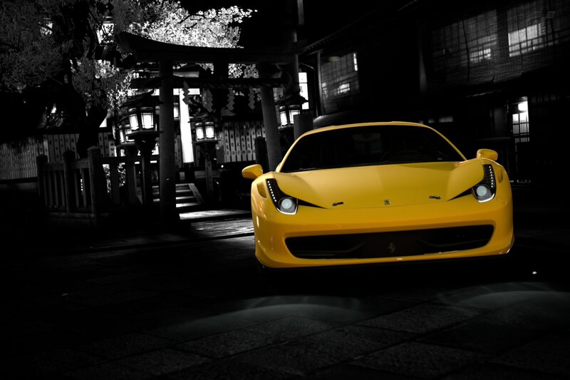 Yellow Sports Car — Dramatic, Night, 3d Render, Torii Gate