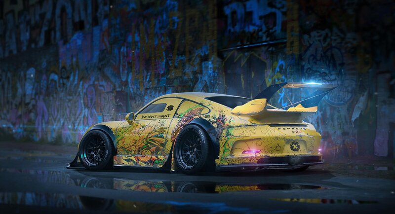 Yellow Sports Car — Dramatic, Night, Digital Art, Graffiti Wall
