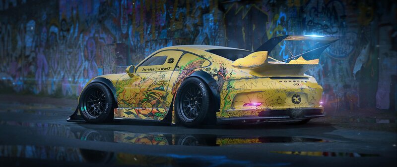 Yellow Sports Car — Dramatic, Night, Digital Art, Graffiti Wall, Wet Pavement