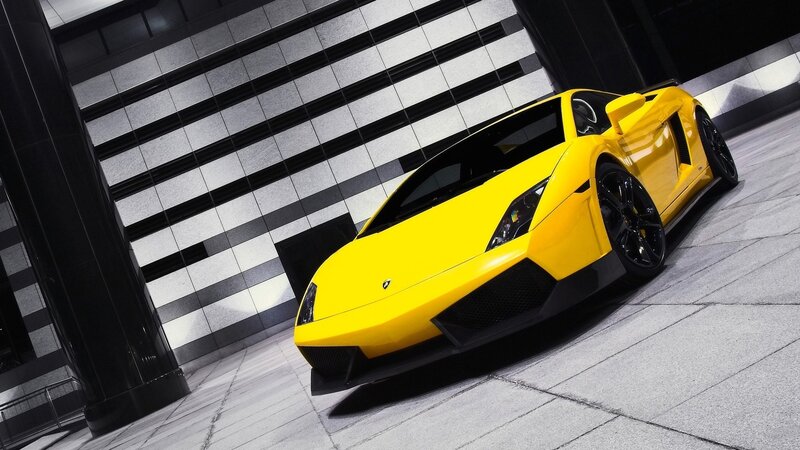 Yellow Sports Car — Dramatic, Night, Photograph, Building, Pavement, Windows