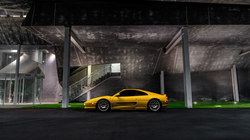 Yellow Sports Car — Dramatic, Night, Photograph, Building, Staircase
