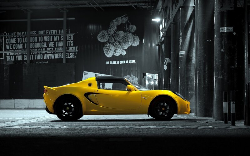 Yellow Sports Car — Dramatic, Night, Photograph, Building, Wall Art