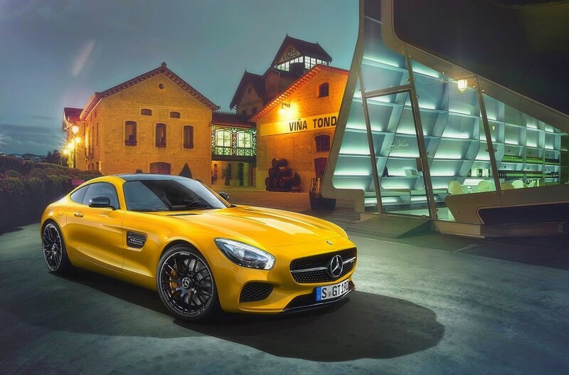 Yellow Sports Car — Dramatic, Night, Photograph, Building, Wine Cellar