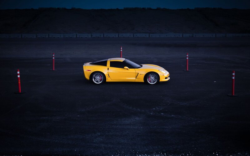 Yellow Sports Car — Dramatic, Night, Photograph, Cones